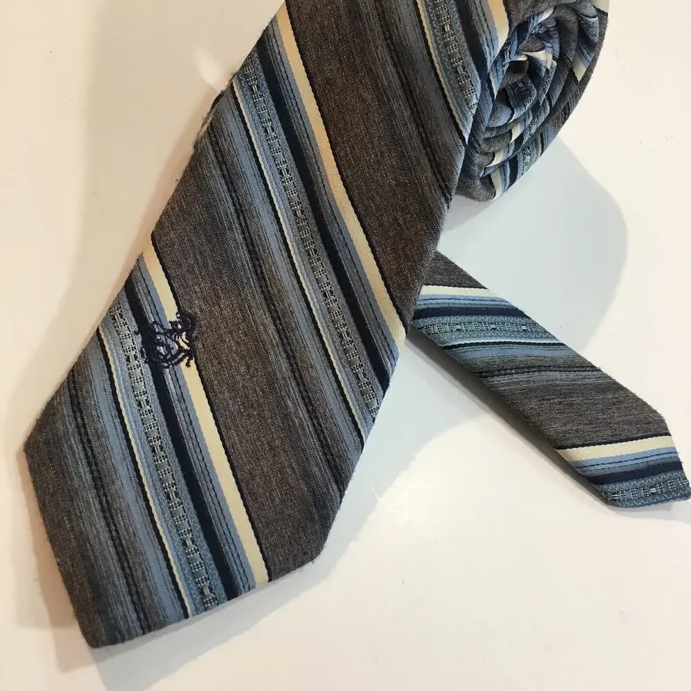 Via Re Mens Tie Blue Gray Brown White Striped Textured Necktie Embroidered Logo